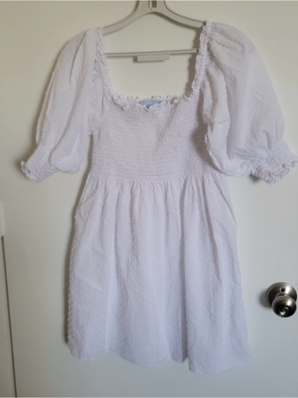 Hill House Athena Nap Mini Dress Swiss Dot White Sheer Puff Short Sleeve
